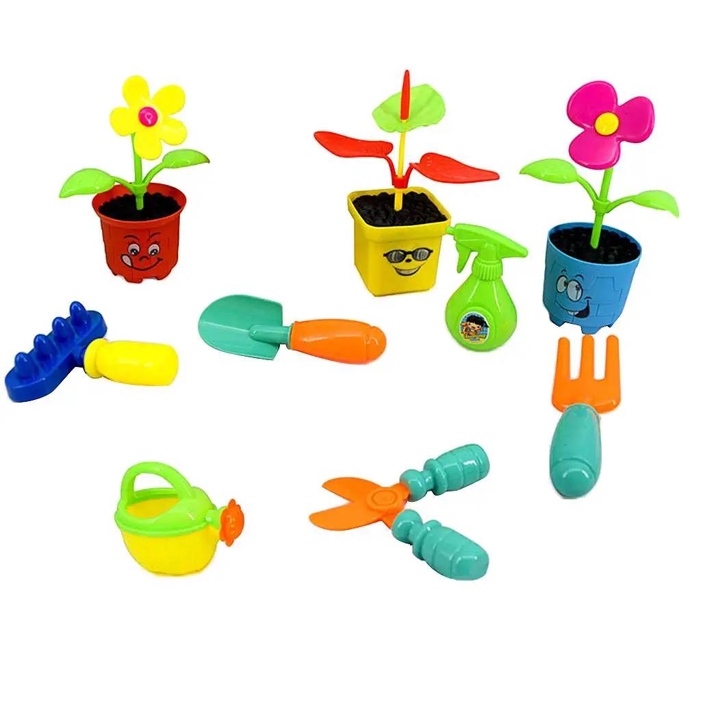 Set peralatan berkebun anak-anak, alat berkebun dan pot, 9 buah/Set