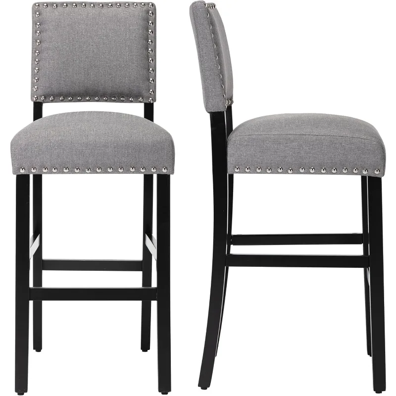 Bar Stools for Kitchen Island Charcoal Fabric 29 inches Barstools with Nailhead Trim Bar Chairs for Dining Room,Set of 2