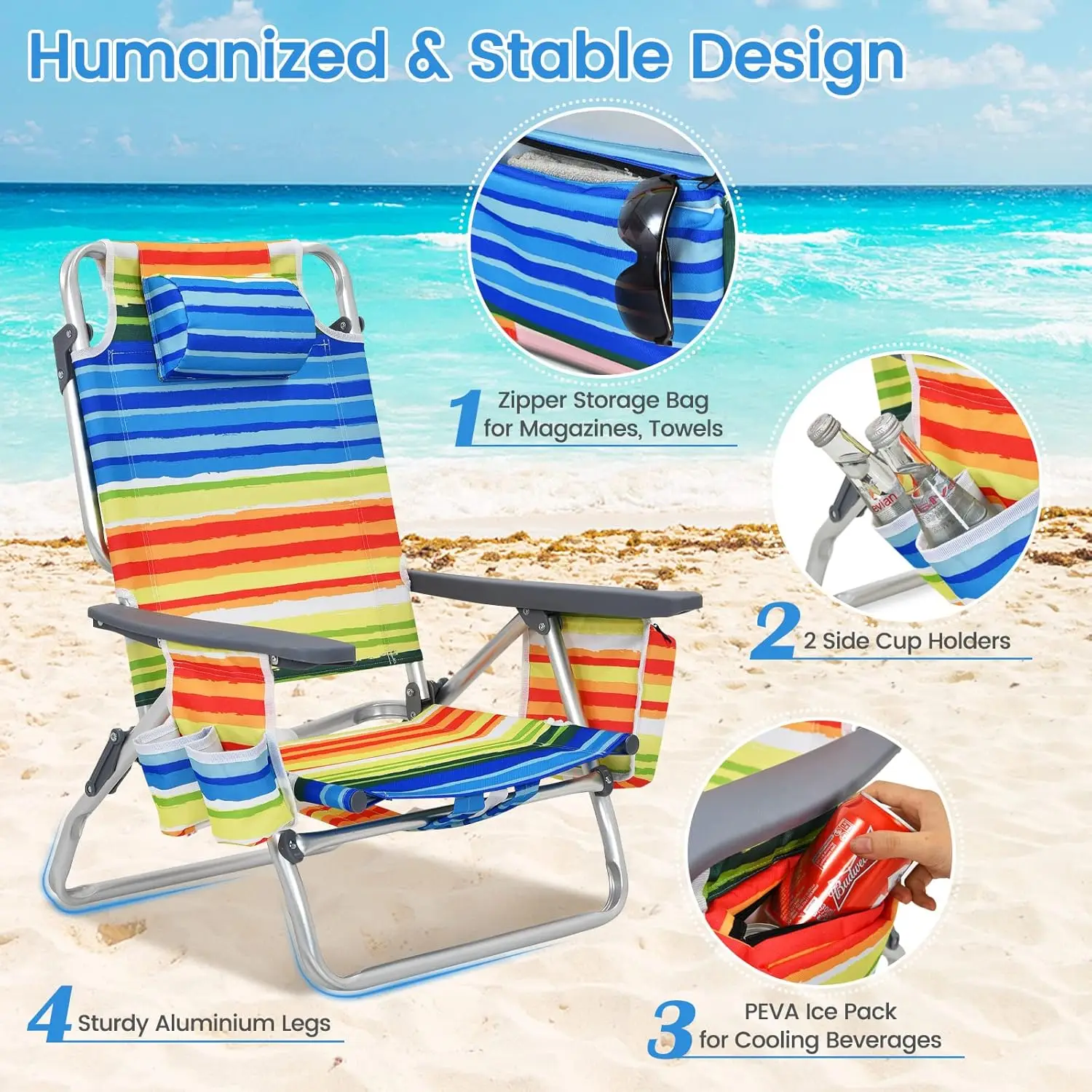 Lot de 4 chaises de plage inclinables à 5 positions, sacs à dos, 2 porte-gobelets, pliables et légères