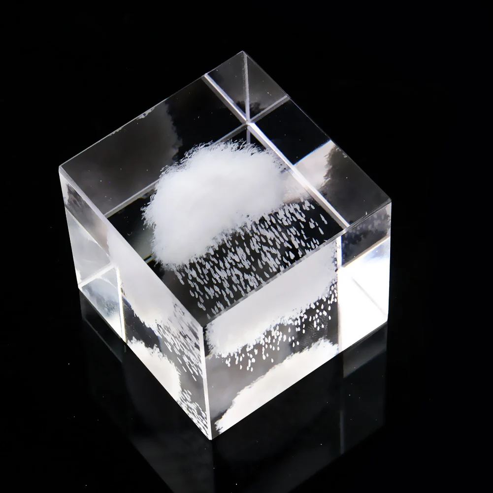Laser Engraving Dark Clouds Rain Weather Geometry Cube Glass Crystal Crafts Sun Catcher Desk Paperweight Display Stand Figurine