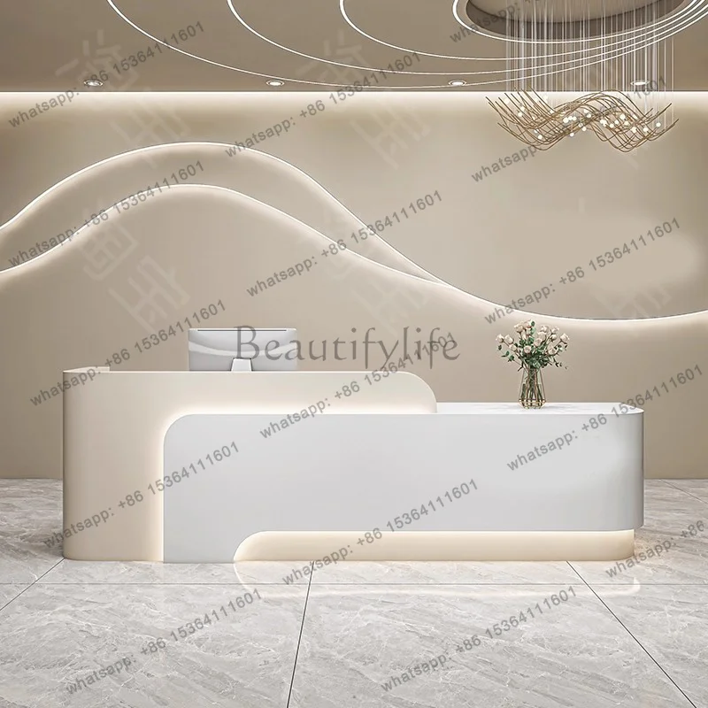 LJY Best Wood Reception Desks Led Lights Design Curved Aesthetic Reception Desks Modern Beauty Comptoire Accueil Trendy Furnitur