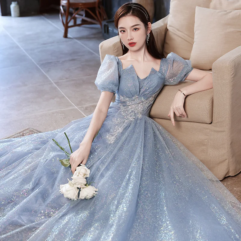 DSP A Line Tulle Prom Dresses Long for Woman Elegant Puffy Sleeves Formal Occasion Dress Prom Party Gown with Appliques