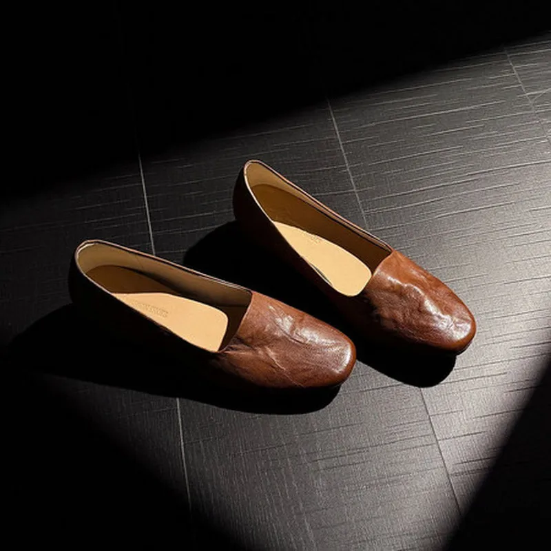 Women Wrinkle Sheepskin Square Toe Flats Heel TPR Sole Pig Hand Rubbed Color Retro Slip On Daily Shoes F319