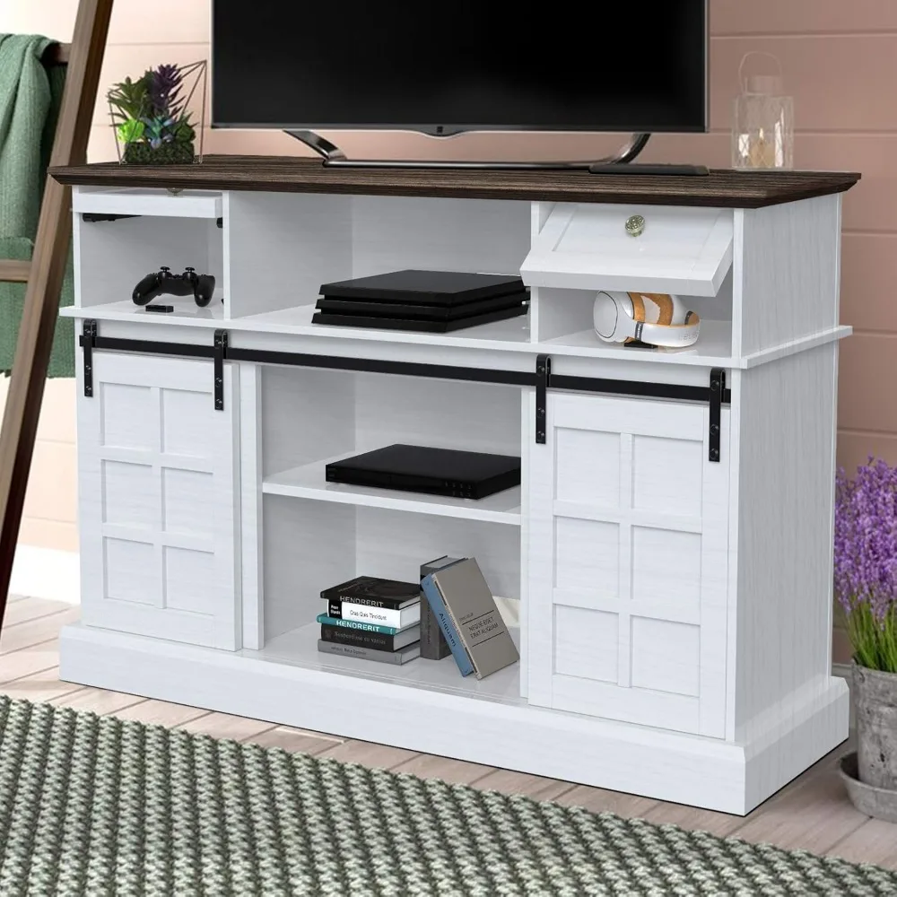 Suporte de TV para TV Farmhouse de 65 polegadas com console deslizante de celeiro e armazenamento de mídia ideal com gavetas articuladas