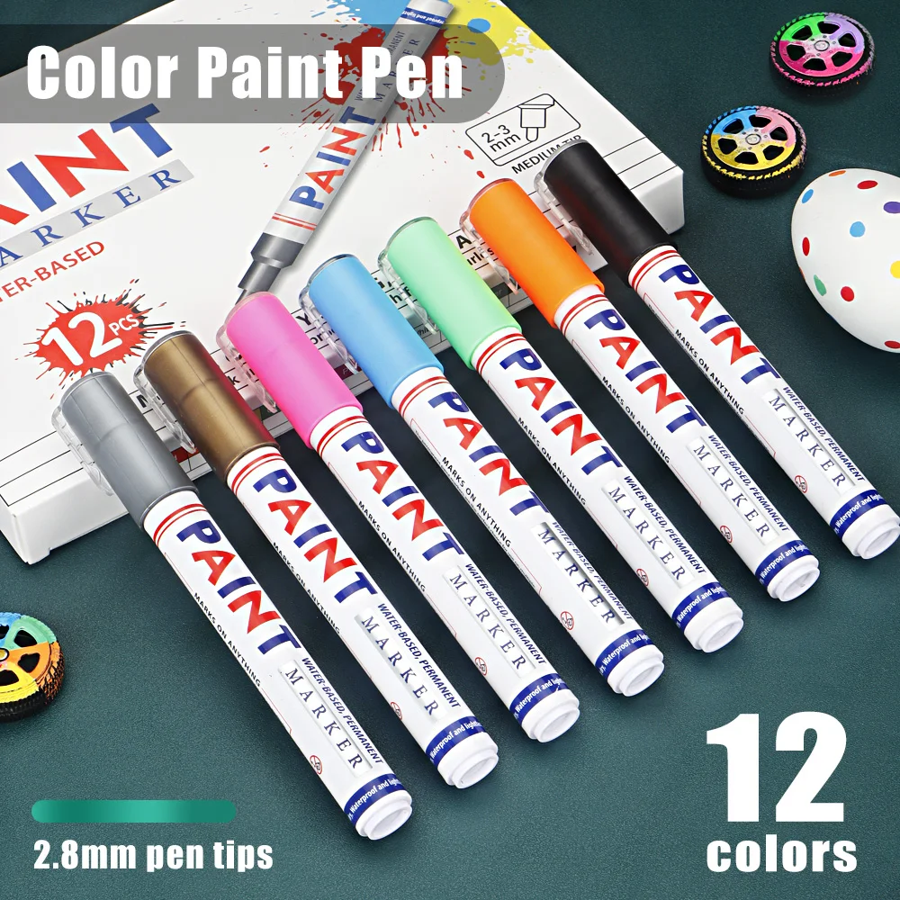 12 Colors Painting Pen 2.8mm Waterproof Permanent Graffiti Touch Up Tyre Marker Auto Rubber Tire Tread Mark Pen for Cars Metal