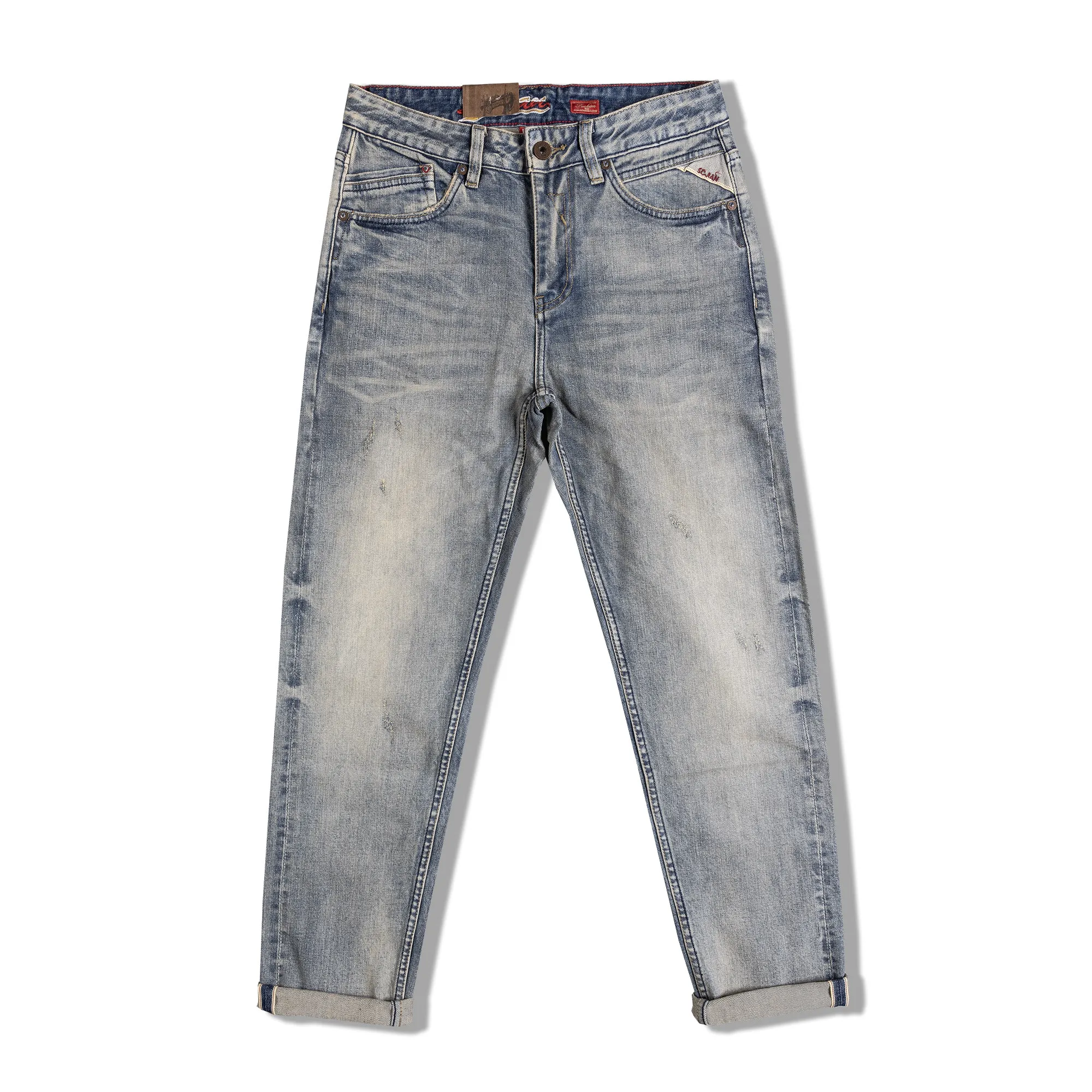 

Men's Mid-Rise Heavyweight Amekaji 15OZ Selvedge Denim Pants American Vintage Washed Stretch Slim Fit Tapered Straight-Leg Jeans