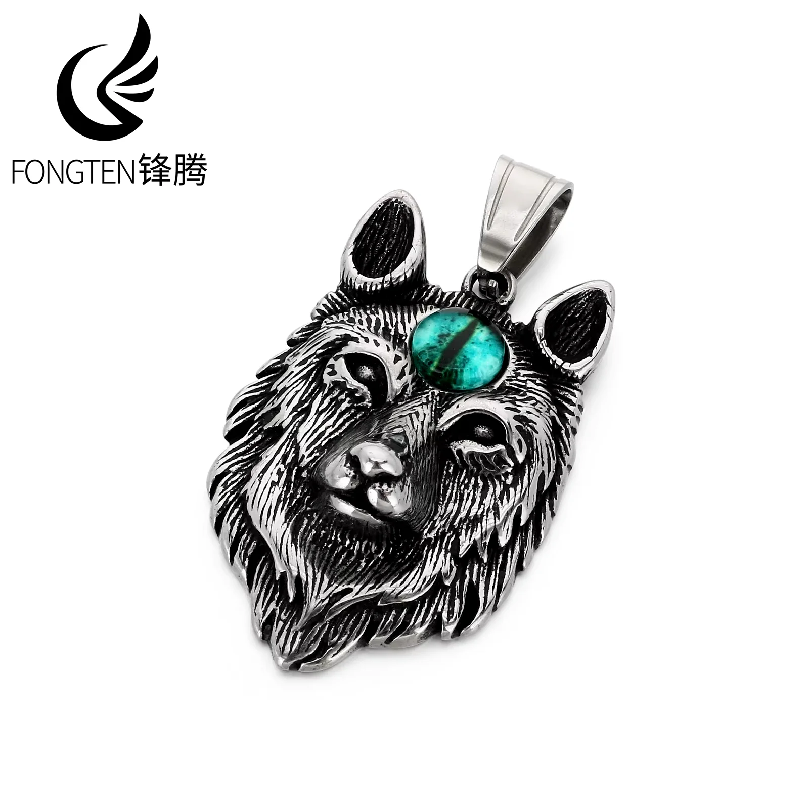Fongten Men Retro Punk 3D Wolf Head Red Eyes Stainless Steel Pendant Necklace Hip Hop Chain Fashion Jewelry Party Halloween Gift