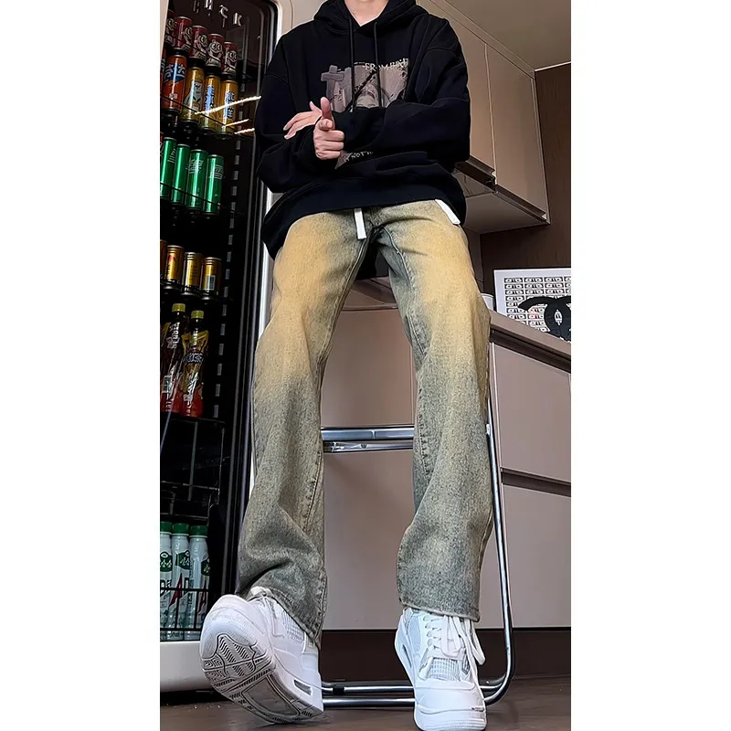 

Мужские джинсы с завышенной талией в американском стиле ретро, свободные широкие брюки, прямые длинные брюки с эластичной резинкой на талии, молодежная одежда