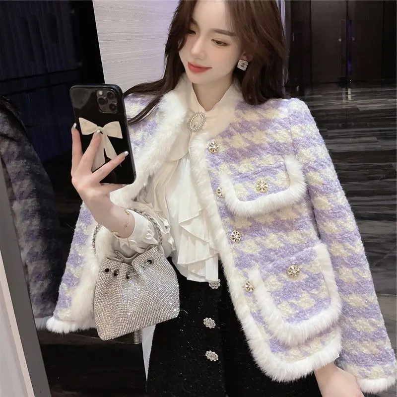 2023 Woolen Coat Women Autumn Winter Fashion Loose Houndstooth Thick Quilted Wool Jackets Female Single-breasted Tweed Outercoat