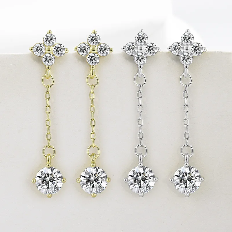 

925 Sterling Silver 18K Gold Plated Four Leaf Flower Tassel Zircon Ladies Earrings Banquet Engagement Jewelry