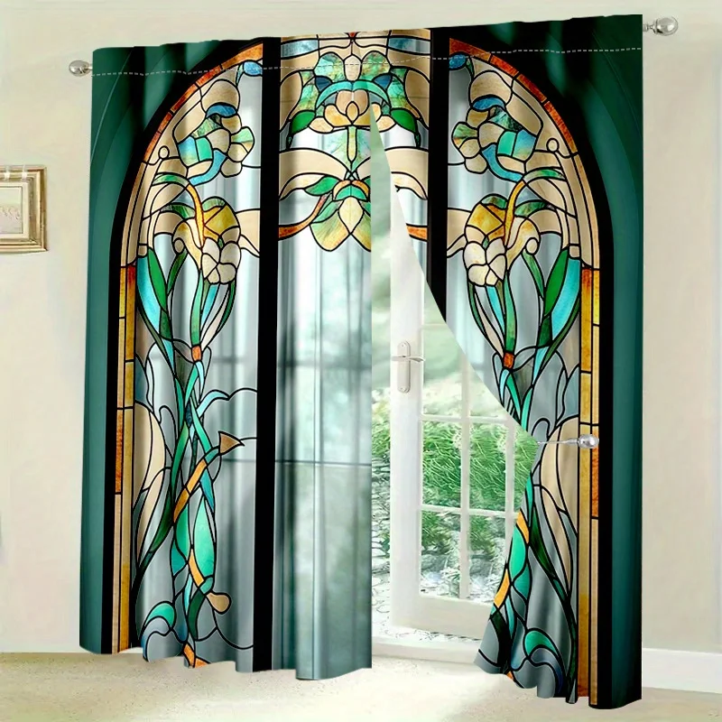 Art Nouveau Stained Glass Curtains Pair for Living Room Decorative Window Curtains Home Decor Emerald Green Pattern Curtain Trea