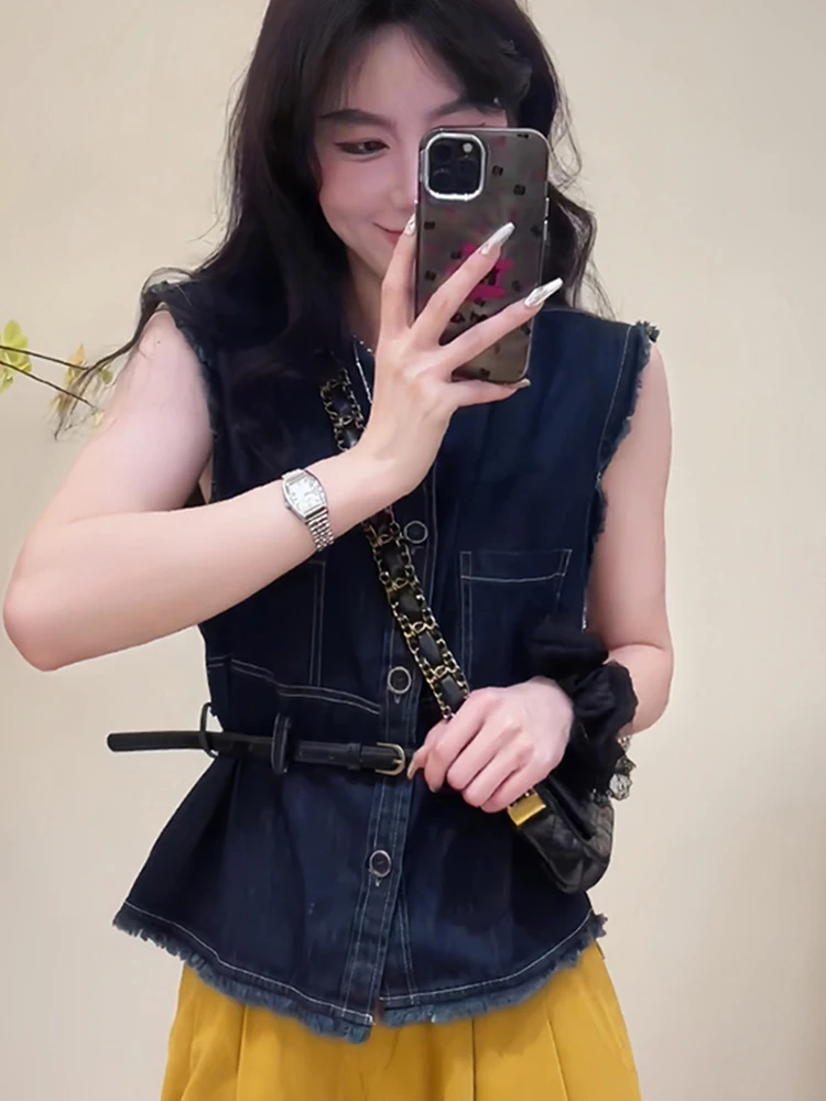 Sommer Neue Denim irt frauen Lose Svel Reine Farbe Weste Design Sinn Kleine Top Koreanische Sle Gerade Rohr Taste