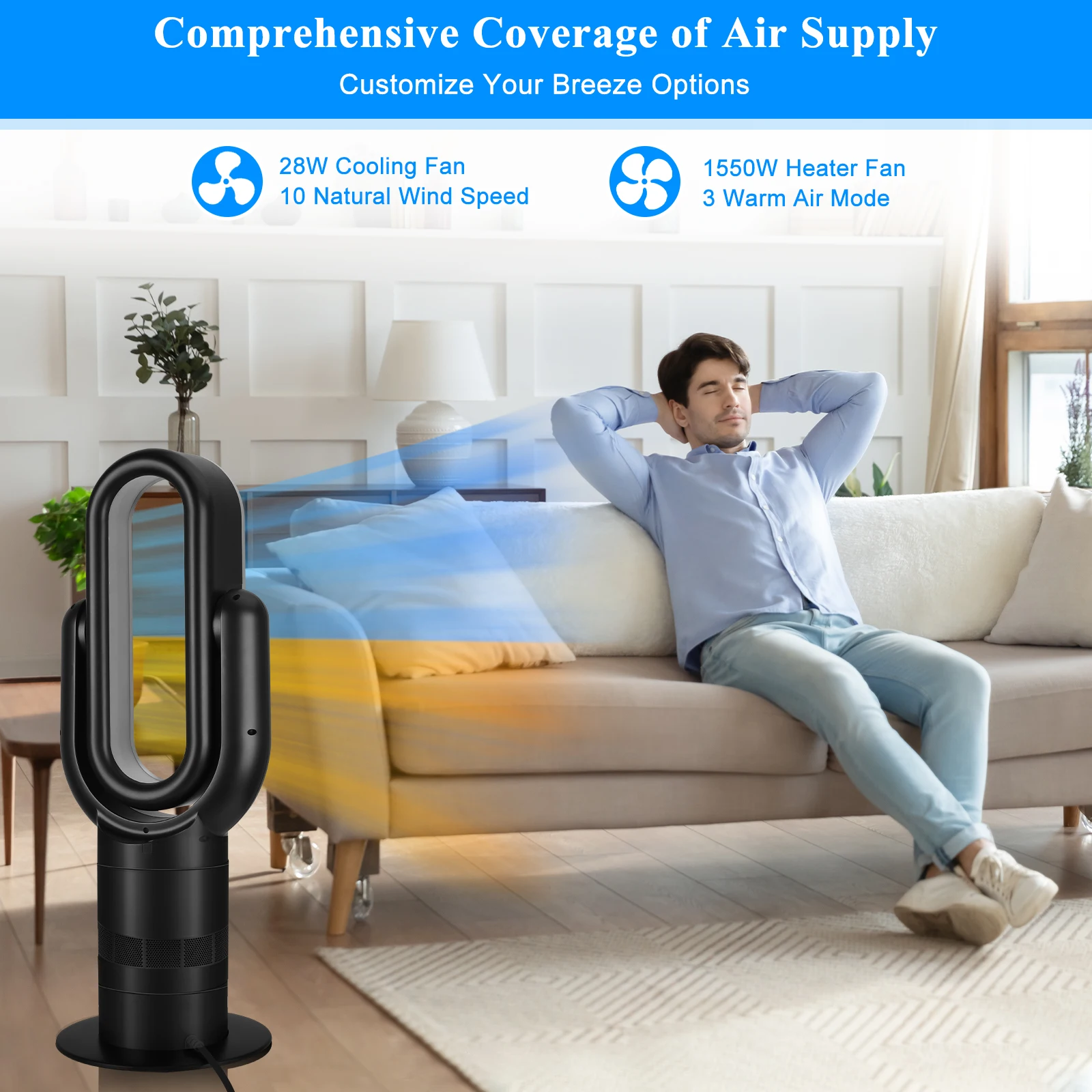 HealSmart 26-inch Space Heater Bladeless Tower Fan Heater & Coolingn Combo with Remote Control #US TO US