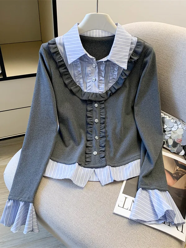 

Korean Style Splice Design Knitted Shirt Women's Spring Fashion Ear Look Top Loose Fit Long Sleeve Casual Inner Wear