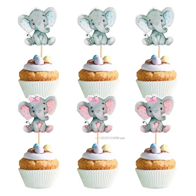 12Pcs Blue Pink Elephant Cupcake Topper Kids Birthday Party Cake Decoration Baby Shower Favors Gender Reveal Party Cake Supplies