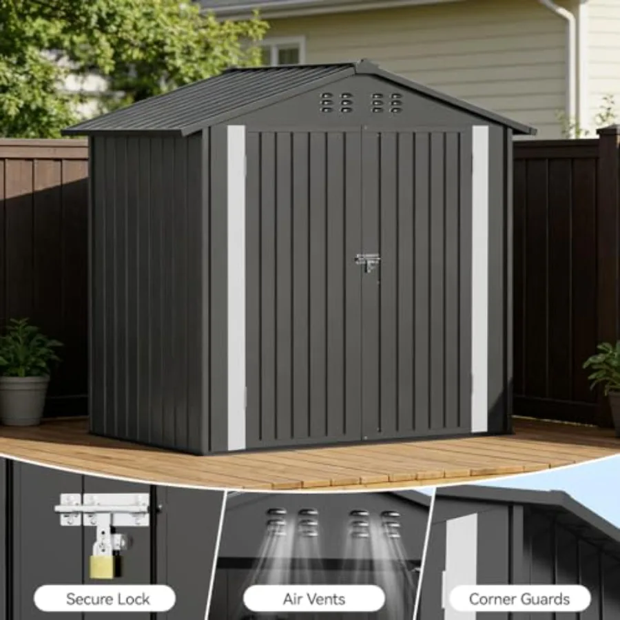 Outdoor storage shed for backyard use, galvanized steel construction, gray finish, rust-resistant and weatherproof with lockabl