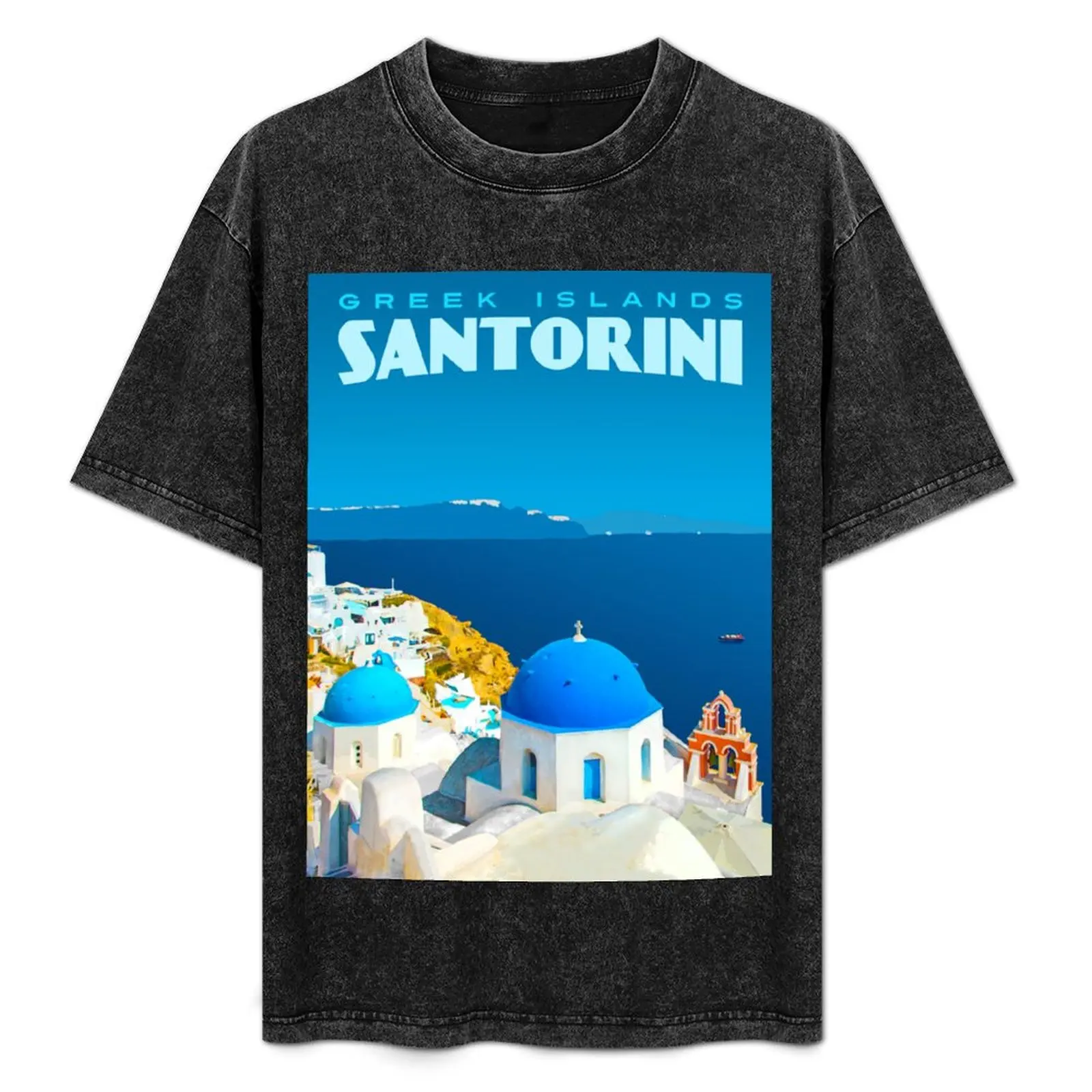 

Vintage-Style Santorini Travel Poster T-Shirt Novelty Graphic Tee Shirt