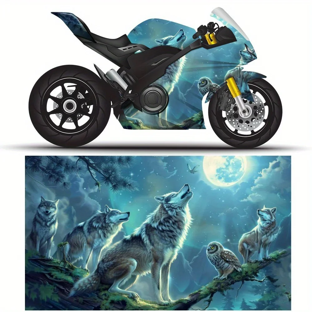 

Moonlit Wolf Howl PVC Motorcycle Vinyl Wrap, Self-Adhesive Waterproof Sticker, Anti-Scratch Decorative Film for Bike Body, DIY C