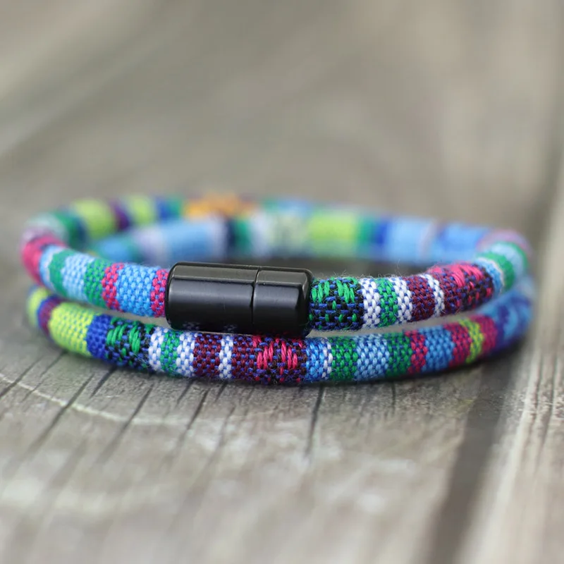 New Woven Double Wrap Bracelet For Men Women Ethnic Fabric Rope Wristband with Magnetic Clasp Nautical Wrist Jewelry