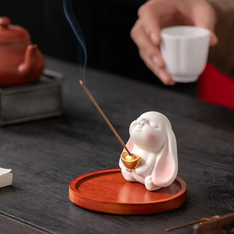 Porcelain Long Ear Rabbit Stick Incense Holder Sandalwood Fragrance Censer Creative Tea Ceremony Ornaments Home Decor