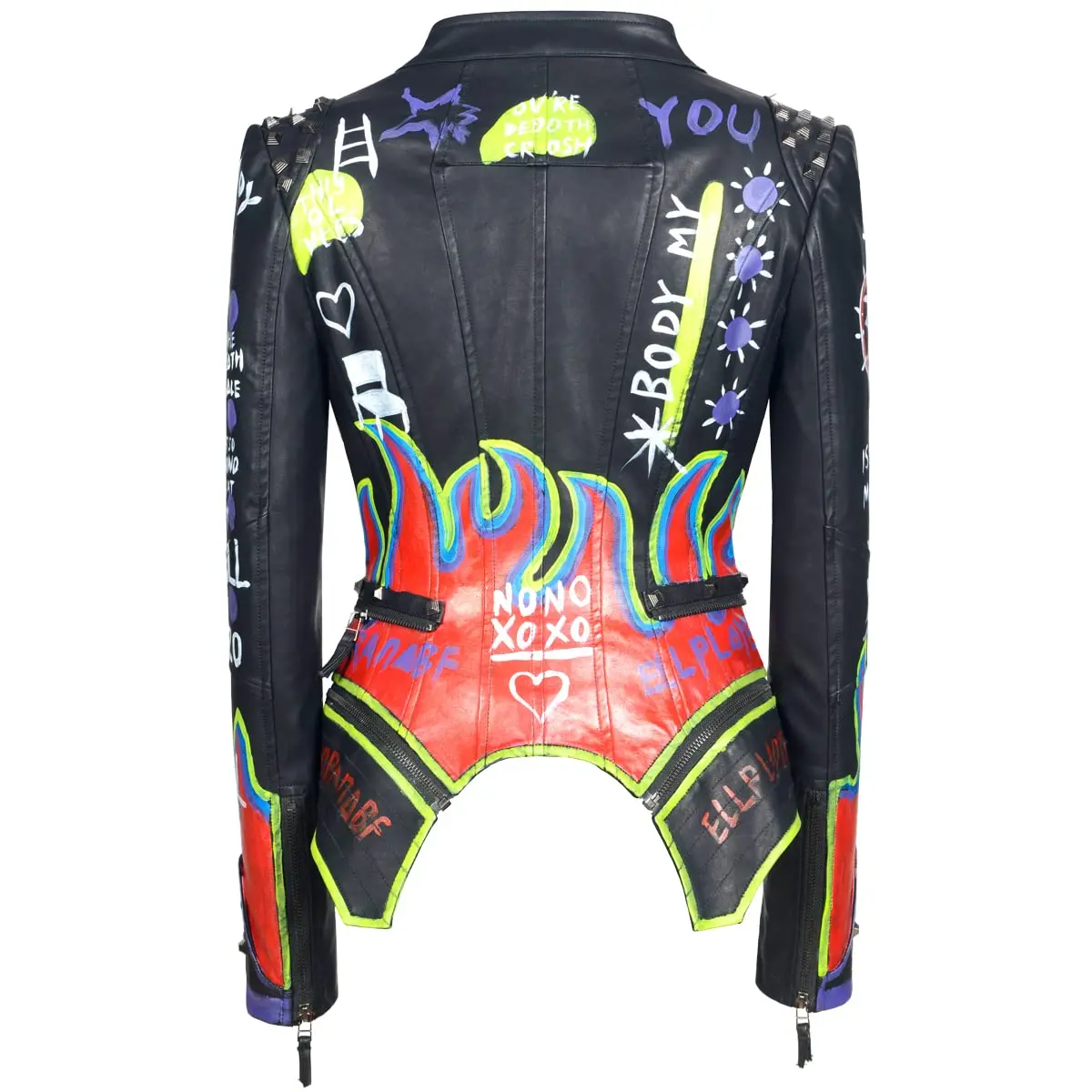 Women's Fashion Colored Drawing Jacket Rivet Slim PU Artificial Leather Graffiti Steampunk Motorcycle Hand-paint Streetwear Coat