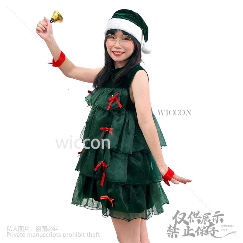 2024 Christmas Costume Cosplay Anime Dress Lolita Kawai Holiday Party Dance Suit Green Lace Cute Dress Hat Woman Girl Customized