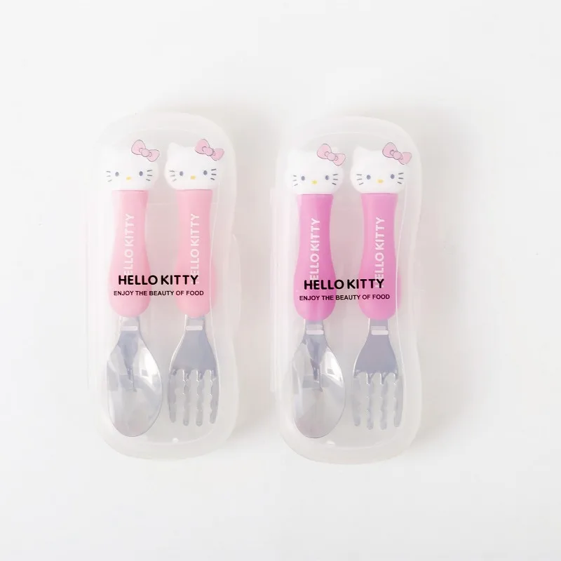 Sanrio Hello Kitty Cartoon Anime Character Cute Portable Children\'s Tableware Spoon Fork Three-piece Set Girl Holiday Gift