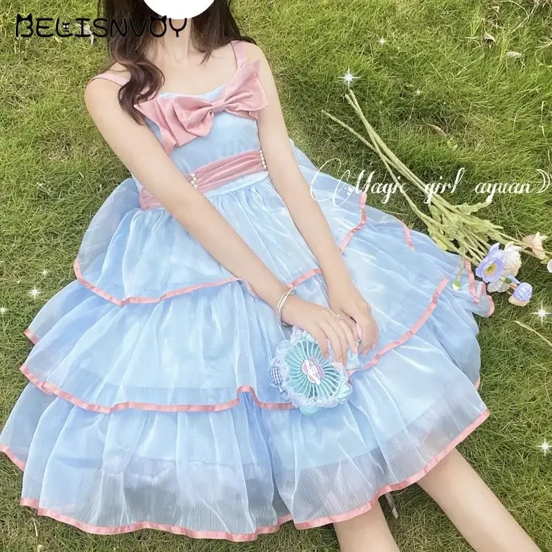 

Japanese Summer Sweet Girly Lolita Dress Soft Girl Sleeveless Straps Kawaii Bow Ruffles Party Dress Princess JSK Tiered Dress 25