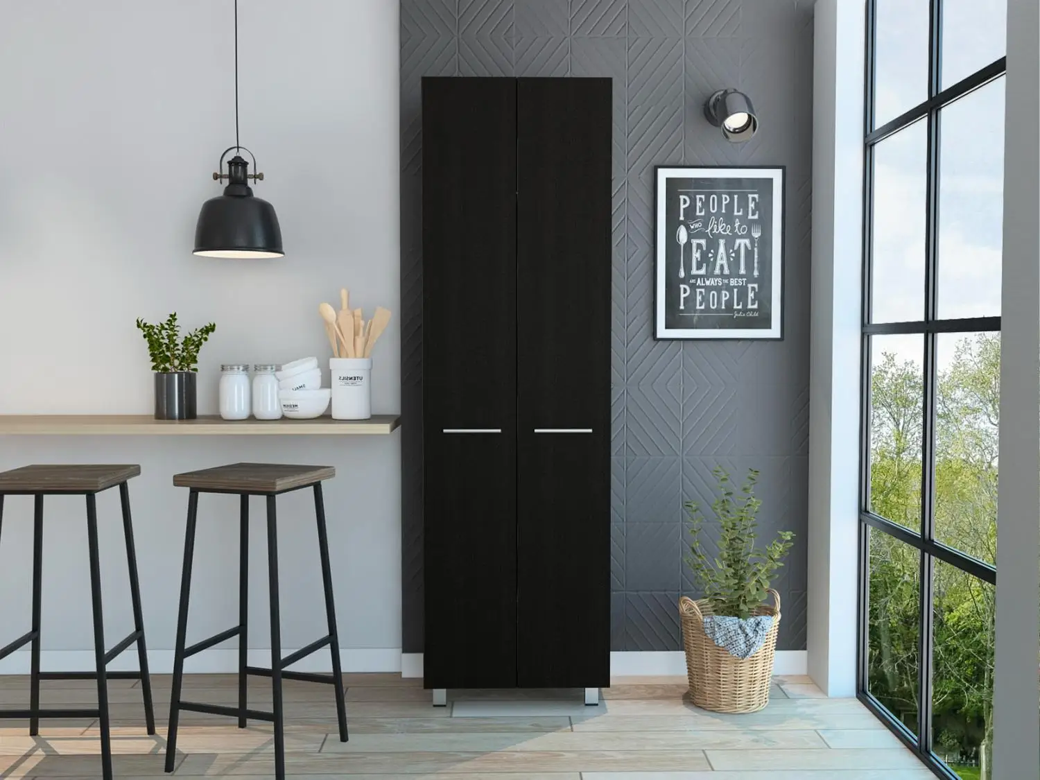 Baleare Pantry Cabinet, Five Interior Shelves, Four Legs Black