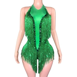 Sparkly Rhinestones Sequins Fringes Bodysuit for Women Sexy Backless Dance Costume Singer Dancer Performance Show Stage Wear