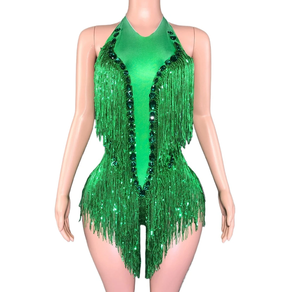 Sparkly Rhinestones Sequins Fringes Green Bodysuit Women Sexy Backless Dance Costume Singer Dancer Performance Show Stage Wear