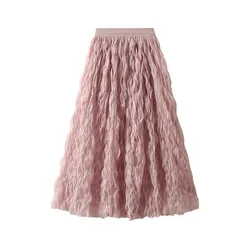 Solid Color Casual Tulle Skirt Female Mesh All Season A-line Skirt Korean Ruffle Skirt Lady Long Tutu Skirts Party Clothes