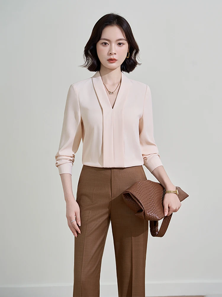 Ele White Long Sve V-Ne irt Dames Faion Commute Interview Professionele Top Herfst Nieuw Sle Eenvoudig Polyester