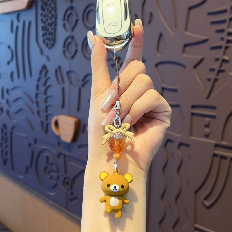 Cute Rilakkuma Korilakkuma Keychain Bowknot Beading Pendant Cartoon Car Keyring Phone Case Anti Lost Rope Pendant Gift for Women - view 5