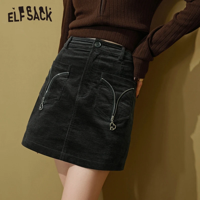 ELFSACK High Waist Corduroy Skirt Women Winter Basic Bottom