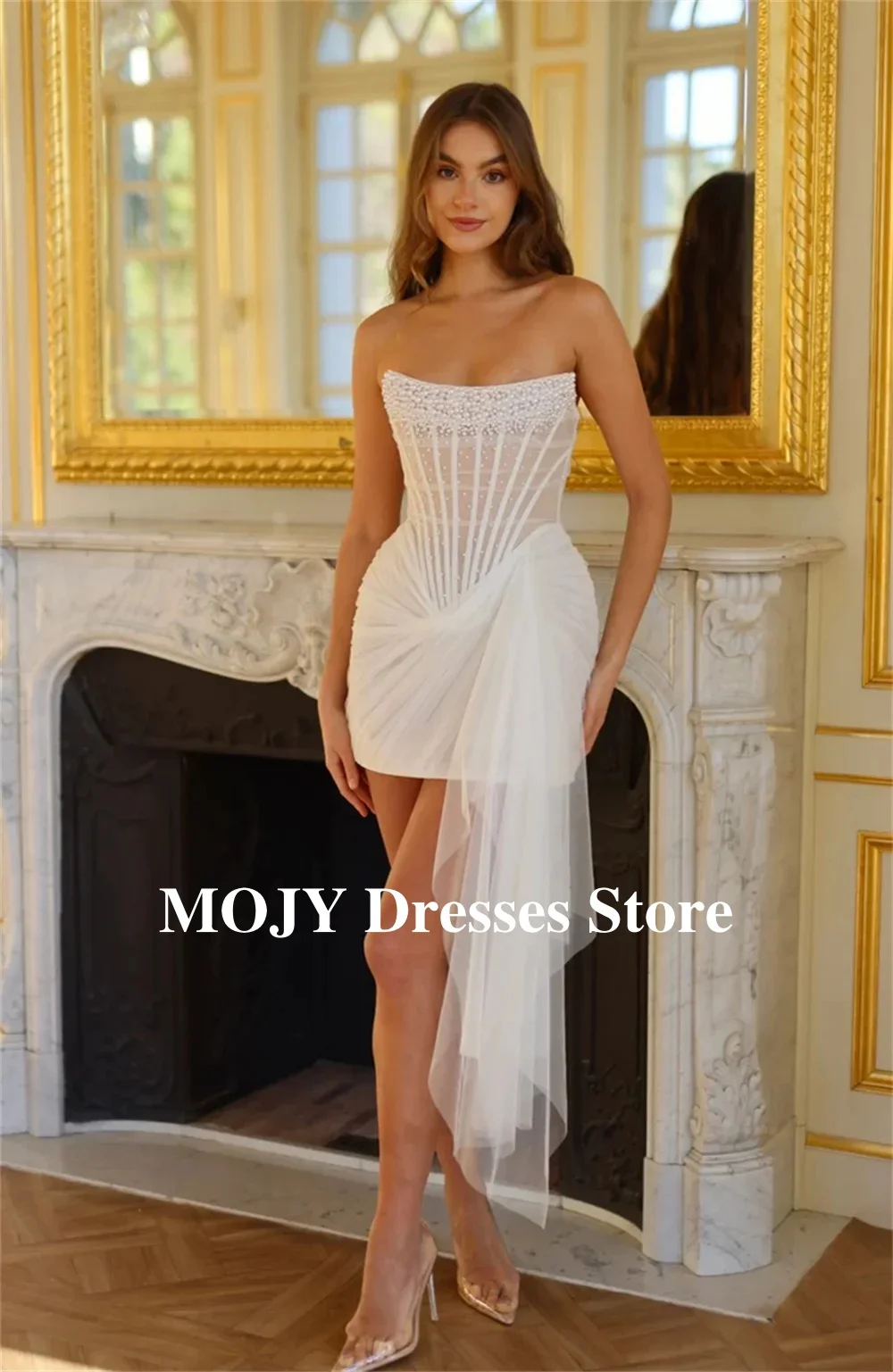 Mojy Personalizzato Avorio Perle di Lusso Pieghettato Mini Abito Da Sposa Asimmetrico Senza Maniche abiti da sposa Per Dopo Il Partito