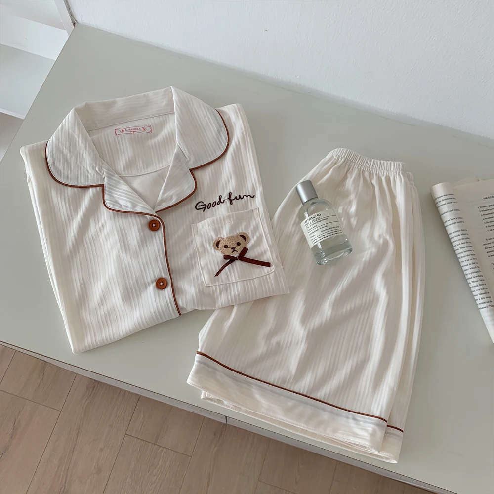 Korean Style Cartoon Print Pyjamas Women Clothing Sets Summer Thin Short Pants Pajamas for Teen Girls Kawaii Pijamas Sleepwear