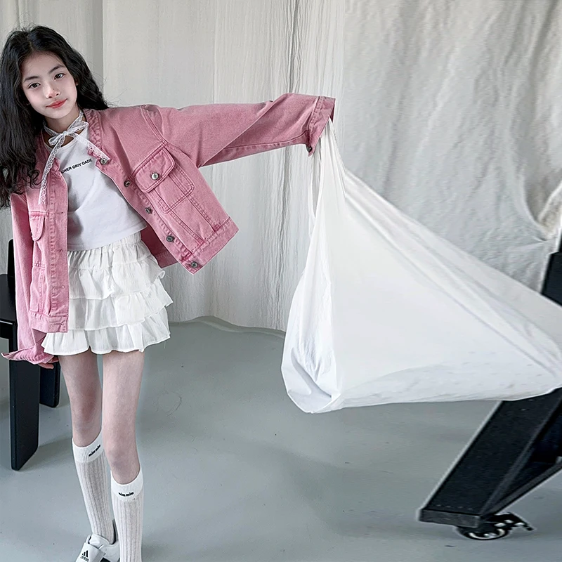 خريف جديد الوردي في سن المراهقة الفتيات الدنيم سترة 4 5 6 7 8 9 10 11 12 13 14 صغار الاطفال معطف غير رسمي الأطفال ملابس خارجية