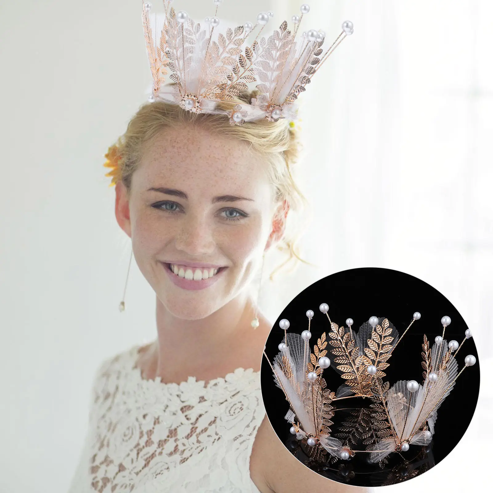 1Pcs Exquisite Acrylic Crystal Crown Headdress with Fixed Safety Rings for Ladies Wedding Birthday Celebration Hair