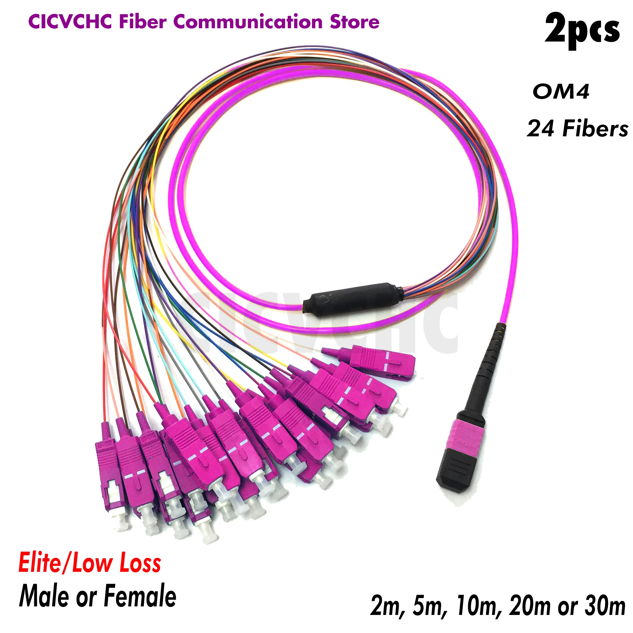 2pcs 24 fibers MPO/UPC Fanout SC/UPC, OM4 Elite Low loss Male, Female, 0.9mm cable, MPO Assembly