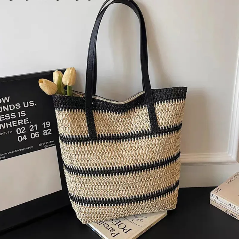 

Плетеная соломенная сумка-тоут с радужными полосками, легкая пляжная сумка, идеальный подарок для летнего отдыха, для повседневных покупок и поездок на работу для женщин