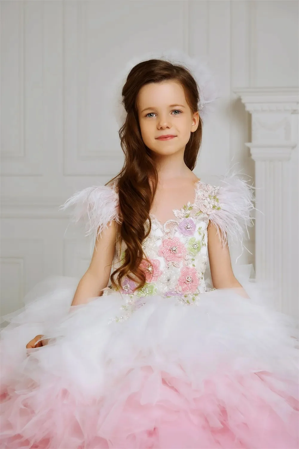 Luxury Feather Ball Gown Flower Girl Dresses For Wedding Beaded Lace Appliqued Toddler Girls Pageant Dress Kids Formal Wear Prom