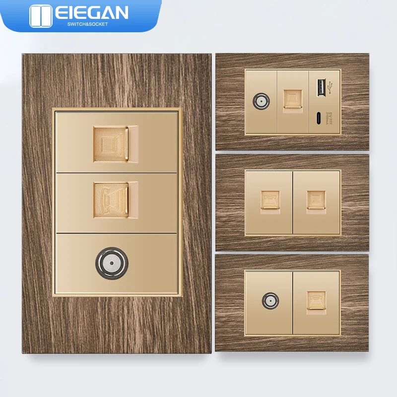 

ELEGAN Wood Grain Panel Gold Brazil Standard Series Combination Socket Switch Universal Wall Computer TEL TV Socket 118mm*74mm