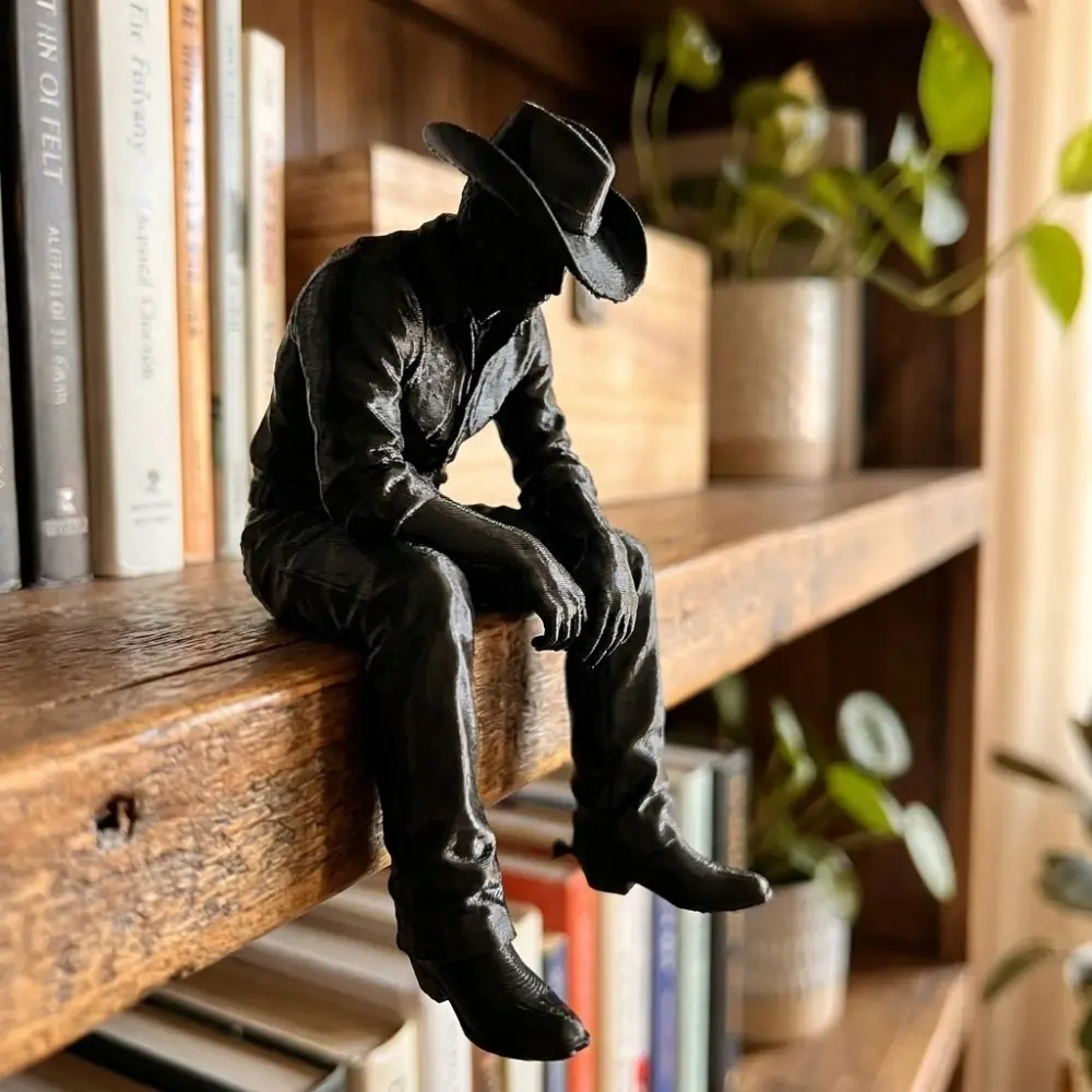 Western Style Sad Sitting Cowboy Sculpture Pensive Vintage Cowboy Figurine Ornament 3D Printed Lonely Hanging Head Cowboy Statue