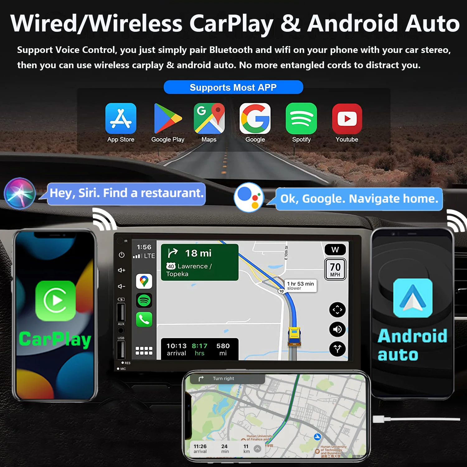 7 Inch Wireless Car Radio Stereo 2 Din HD Touch Screen Car Video Player with Rear Camera Bluetooth Navigation 2 USB AUX Input