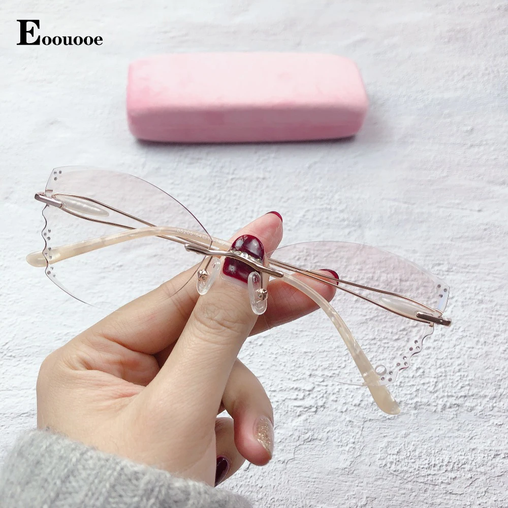 Women Rimless Glasses Diamond Glasses Frame Cat Eye Design Eyeglasses Optical Female Vintage monturas de lentes mujer oculos