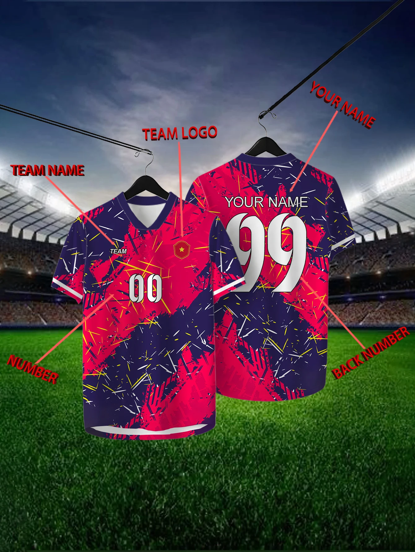 

Customized Geometric Deep Blue Short Sleeved Shirt with Team Name, Emblem, Name and Number, Outdoor Sports Short Sleeved T-shirt