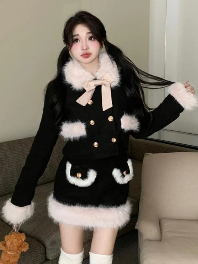 2023 Winter Kawaii Faux Fur Clothing Suit Woman Warm Elegant Coat + Slim Y2k Mini Skirt Outwear Korean Fashion Sets Office Lady