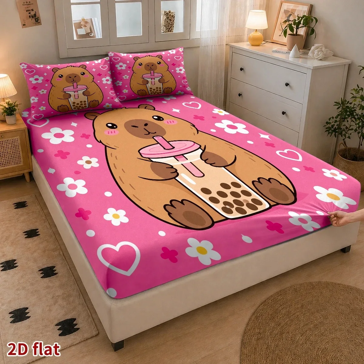 3-Piece Mattress Protector Set, 2D Flat Printed Fitted Sheet, Printed Fitted Sheet Set, Cartoon Capybara Pattern Design, Home Bedroom Decoration, Holiday-Themed Fitted Sheet and Pillowcase, Mattress Protector, Stain-Resistant, Mattress Cover, Suitable for All Seasons, Machine Washable, Easy to Care For, Suitable for Home Bedroom Use, Essential for Dormitories and Rentals, Master Bedroom and Guest Room Decoration, Dust-Proof and Stain-Resistant, High Elasticity, Fits Various Sizes