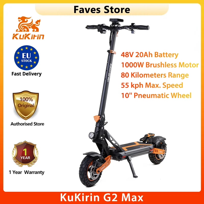 KuKirin G2 Max Scooter électrique 10 pneus tout-terrain 1000W 55 Km/h vitesse maximale 48V 20Ah